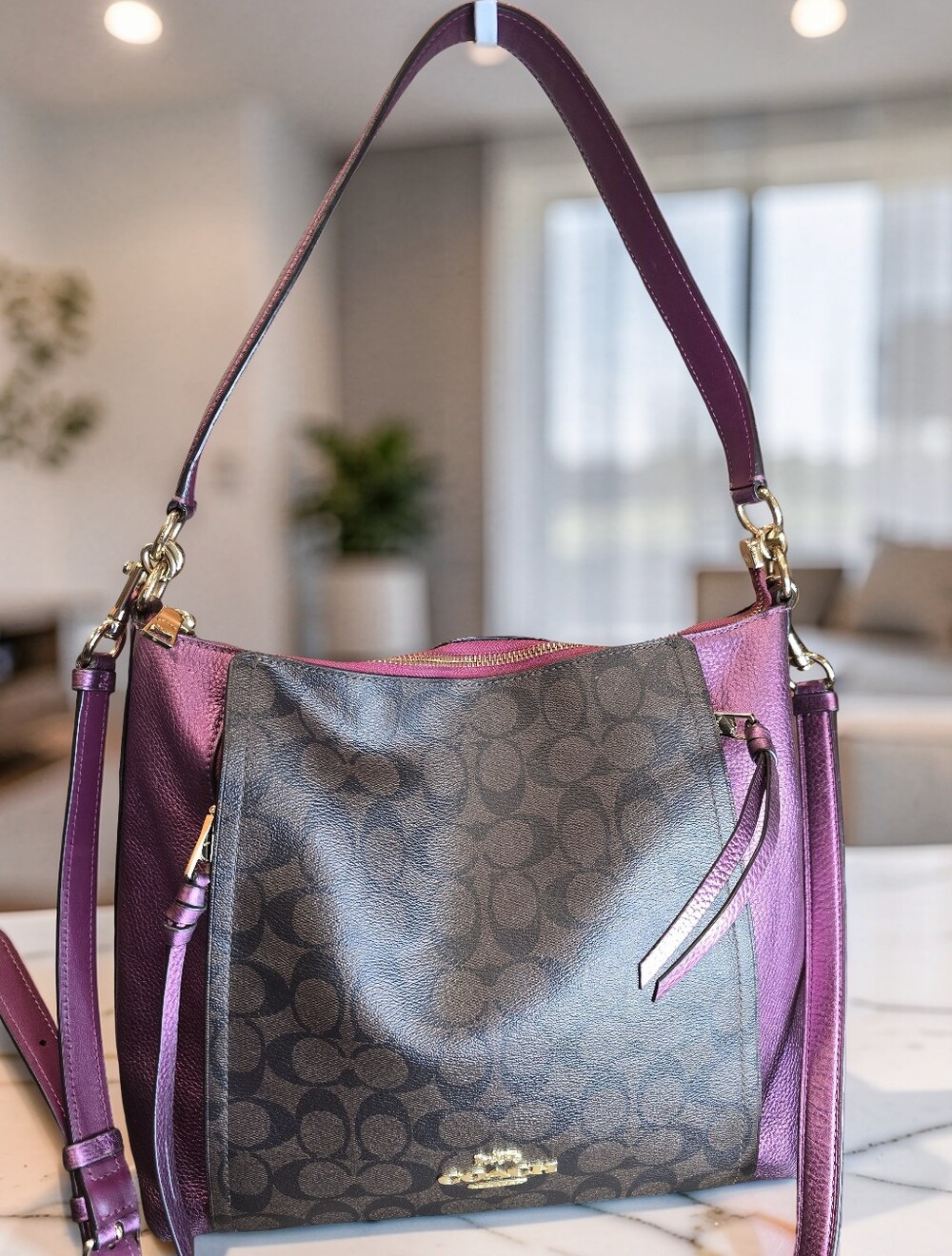 Coach Marlon Hobo in Signature Canvas & Metallic Berry Leather